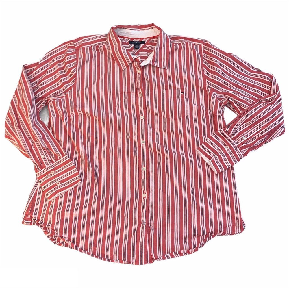 Red & White Vertical Striped Button Up Shirt